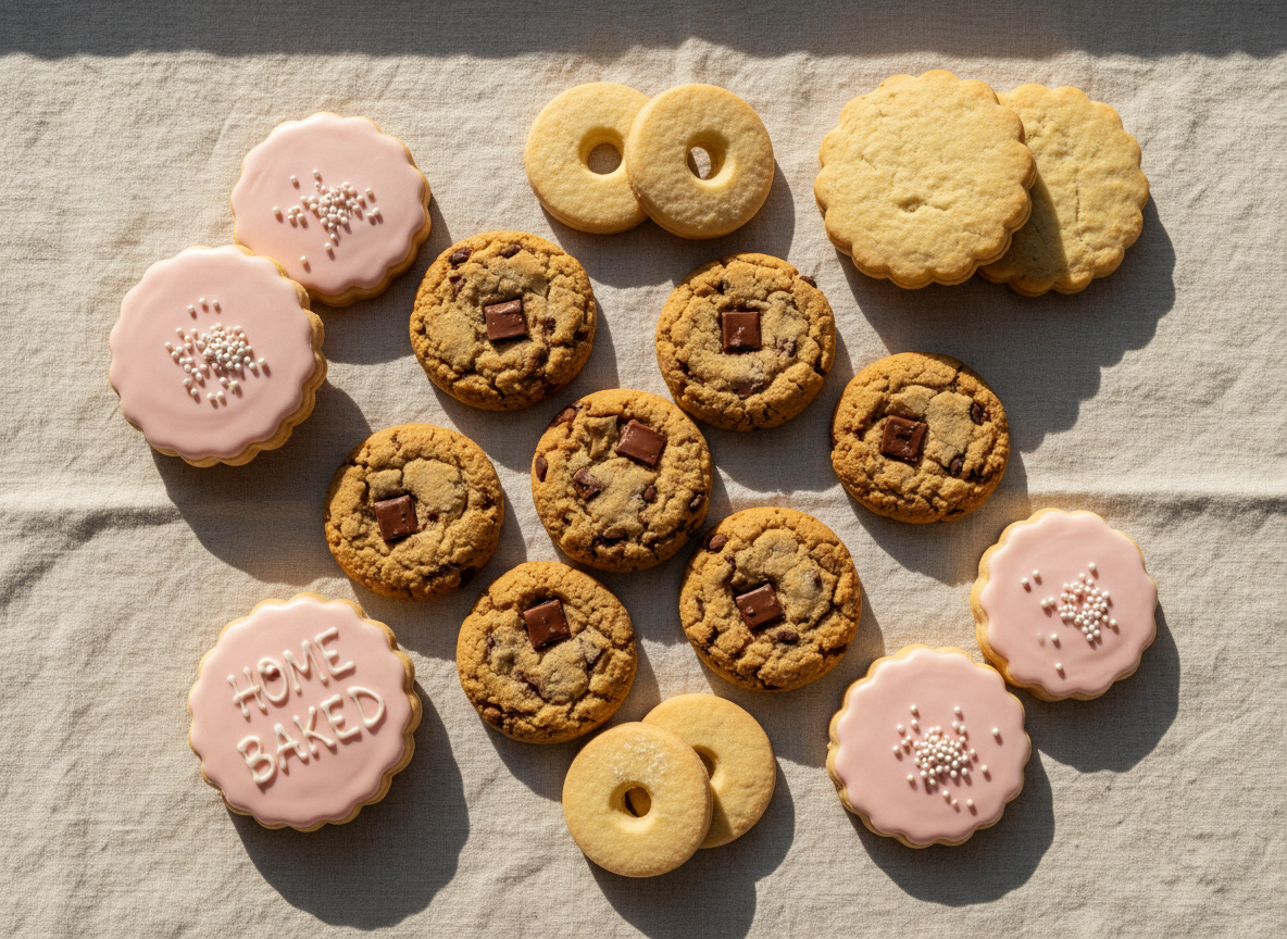Warm overhead flat-lay of freshly baked homemade biscuits and cookies on a soft cream linen surface